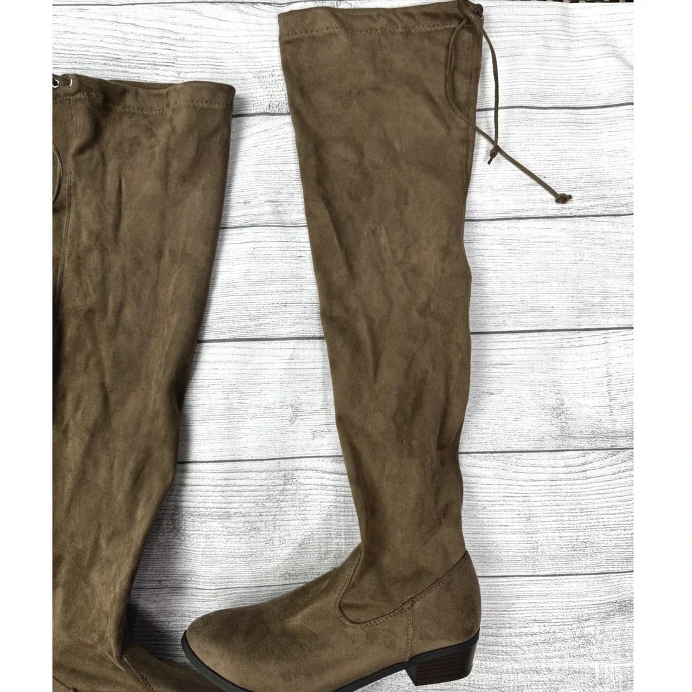 Womens Taupe Faux Suede Over The Knee OTK Boots Low Block Heel Back Tie Sz 8.5